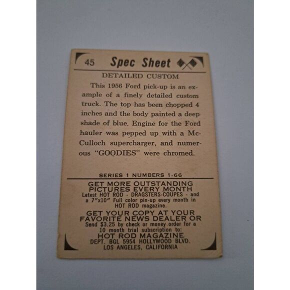 Vintage 1965 Hot Rod Magazine 45 Spec Sheet Trading Card 1956 Ford Pick Up Truck - Picture 3 of 3